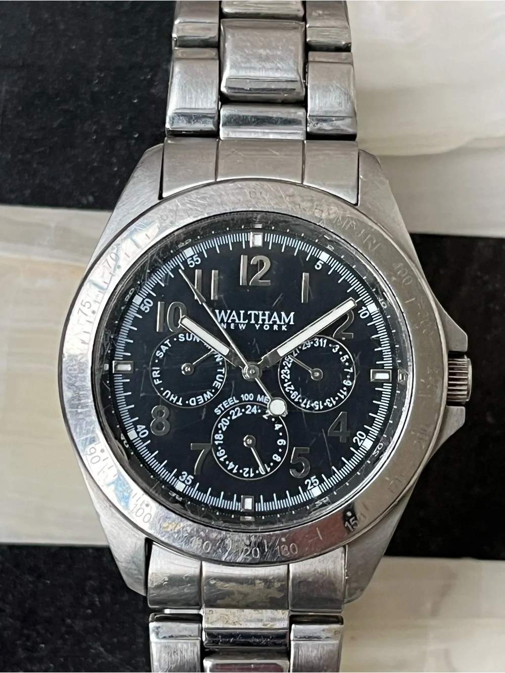 Mens Waltham Quartz Black Dial Tachymeter Date 100M Steel Bracelet 41mm Working
